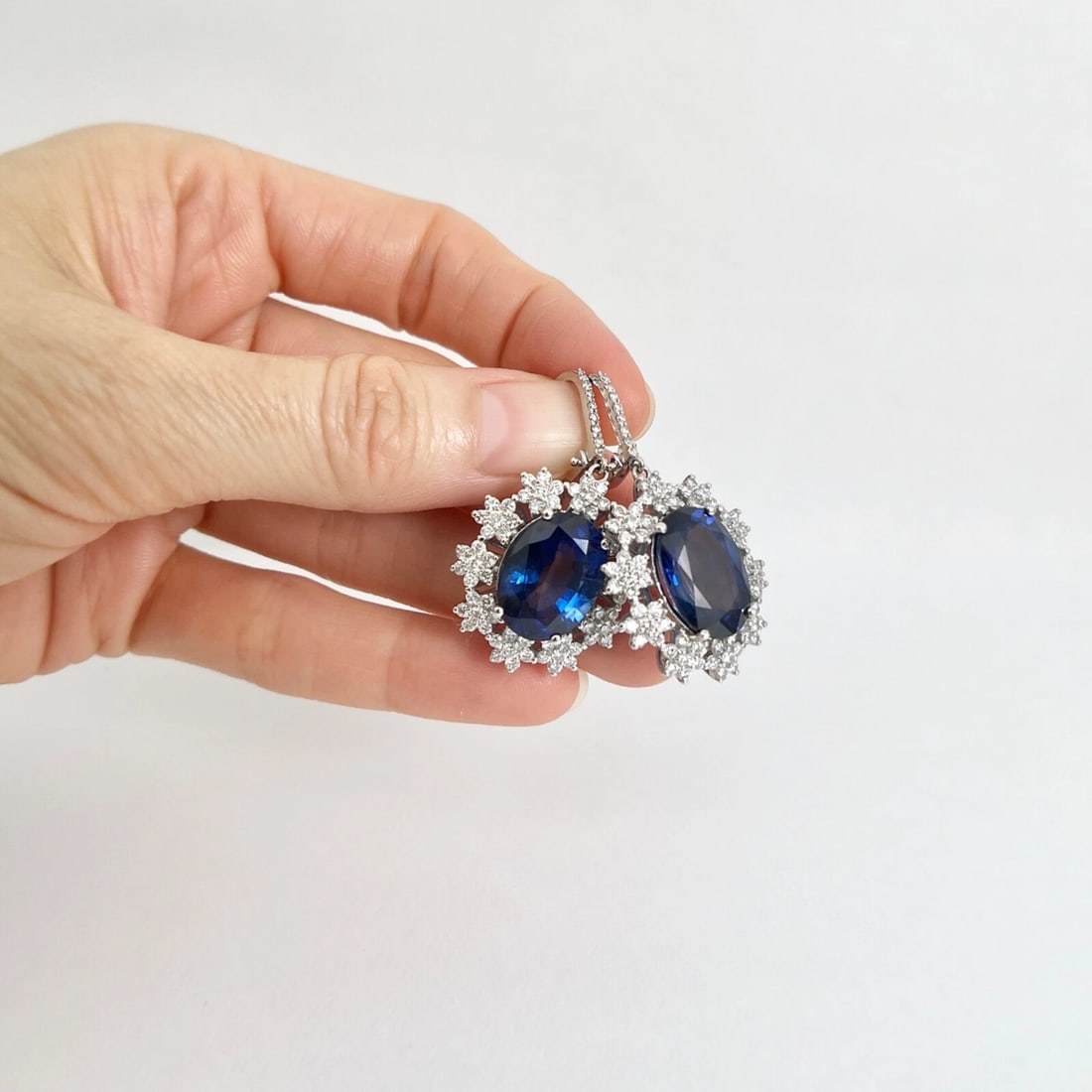 Oval Blue Sapphire Diamond Halo Dangle Drop Earrings 18K White Gold, 21.57 CTW - 5