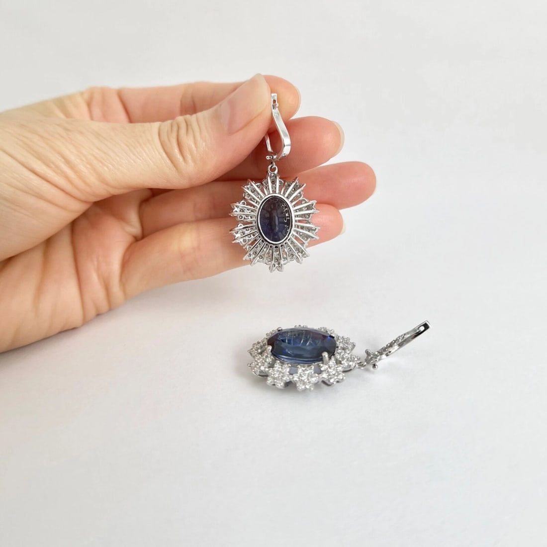 Oval Blue Sapphire Diamond Halo Dangle Drop Earrings 18K White Gold, 21.57 CTW - 6