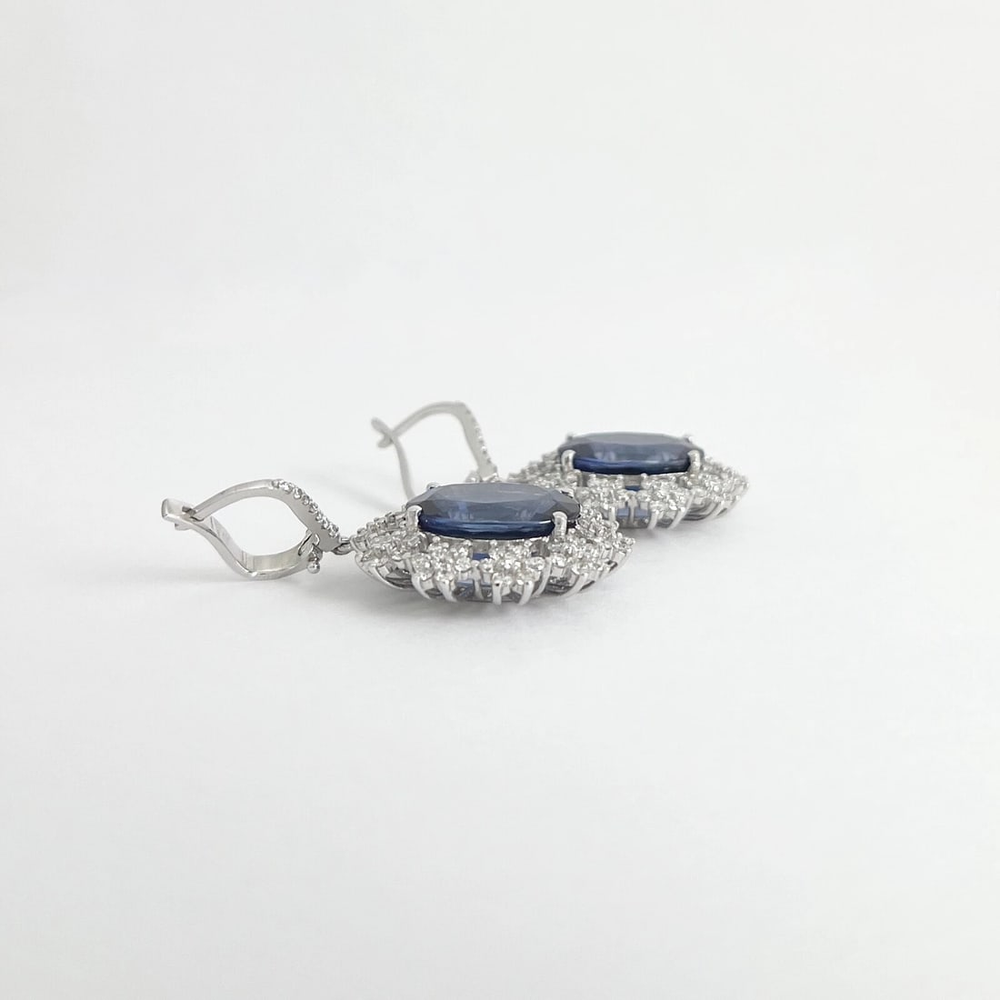 Oval Blue Sapphire Diamond Halo Dangle Drop Earrings 18K White Gold, 21.57 CTW - 7
