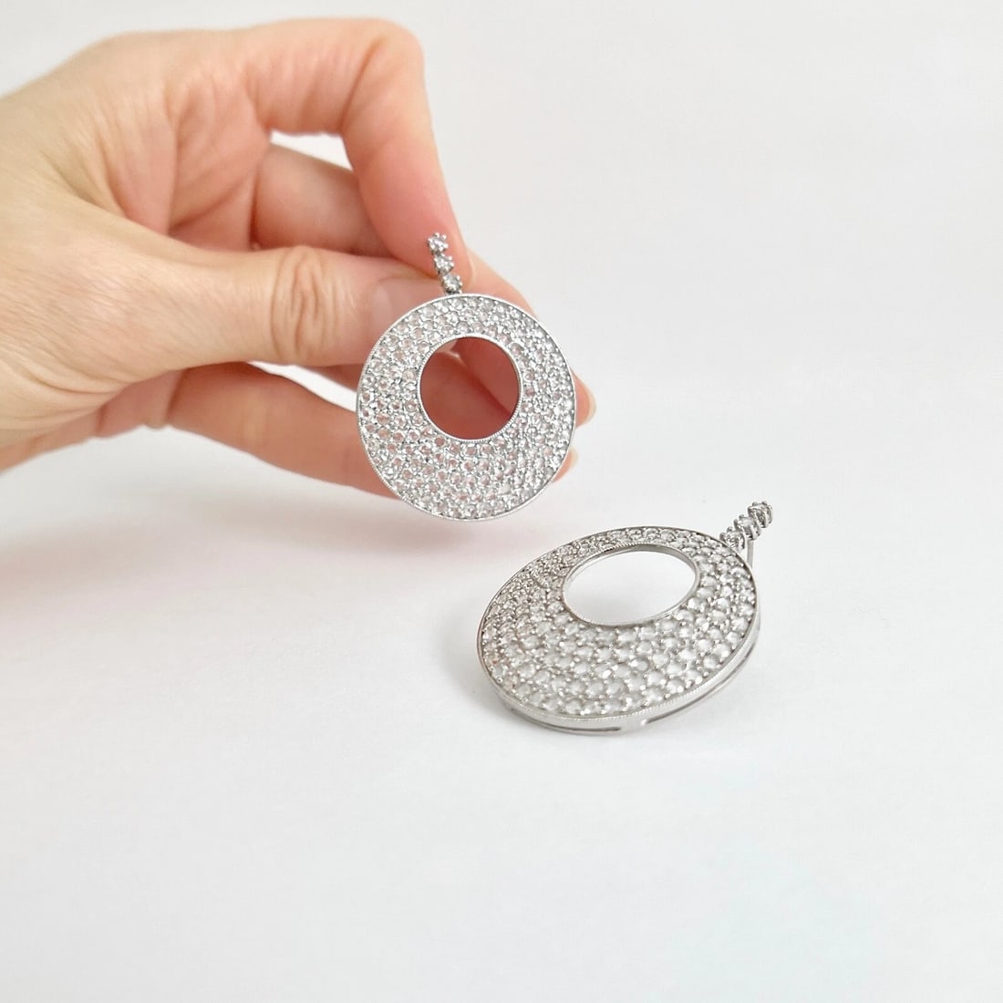 Pave Rose Cut Diamond Circle Dangle Drop Earrings 18K White Gold, 6.12 CTW - 2