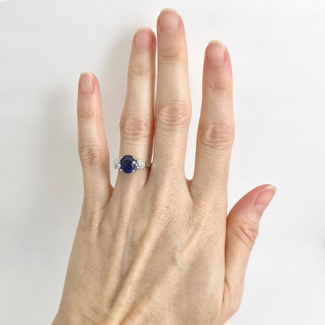 Oval Blue Sapphire Diamond 3-Stone Statement Ring 14K White Gold 2.61 CTW - 2