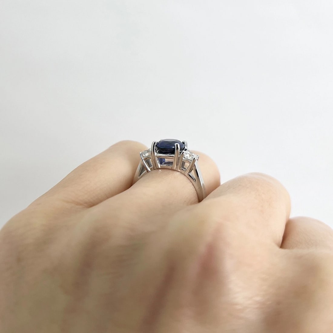 Oval Blue Sapphire Diamond 3-Stone Statement Ring 14K White Gold 2.61 CTW - 7