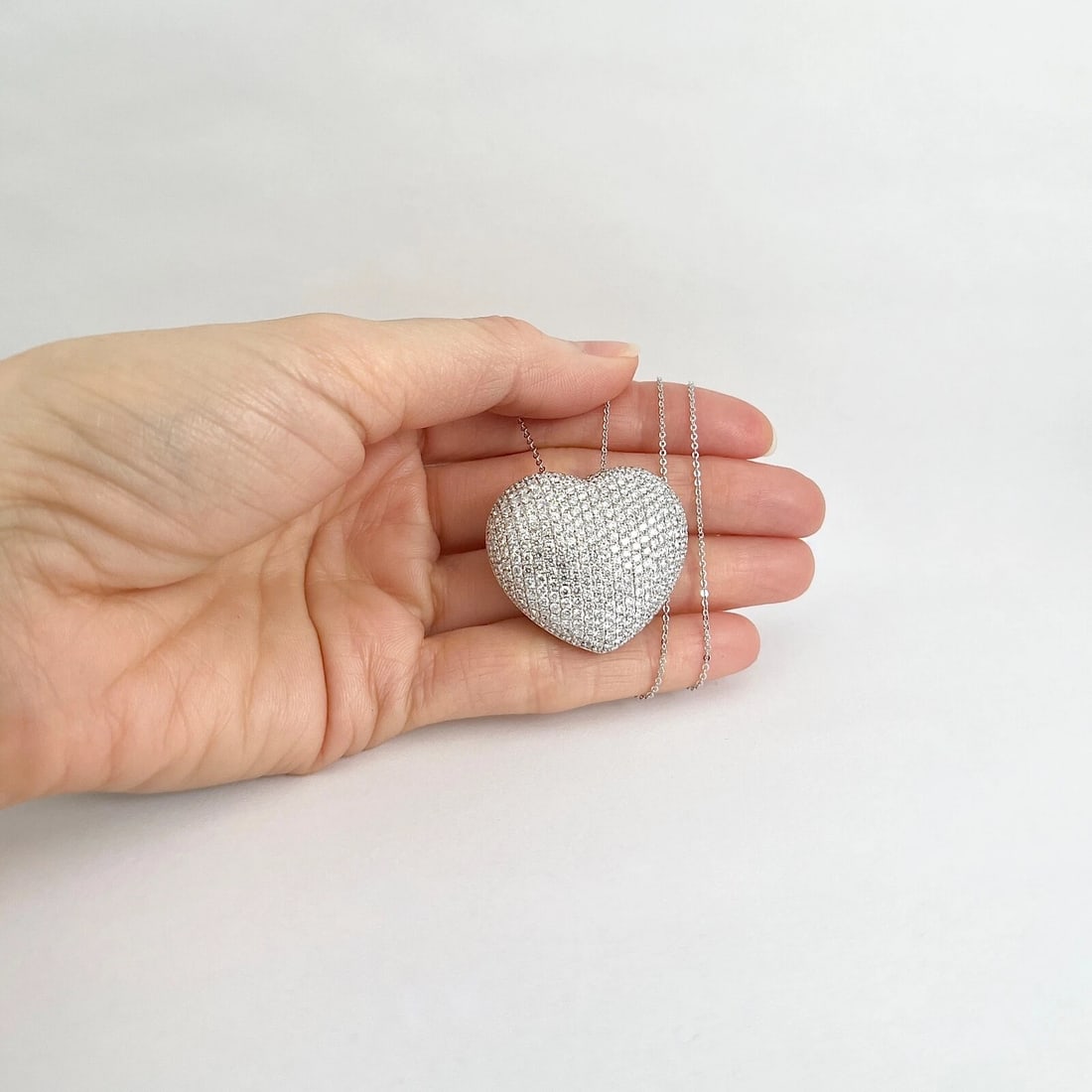 Italian Big Pave Diamond Puff Heart Pendant Necklace 18K 14K White Gold 6.27 CTW - 2