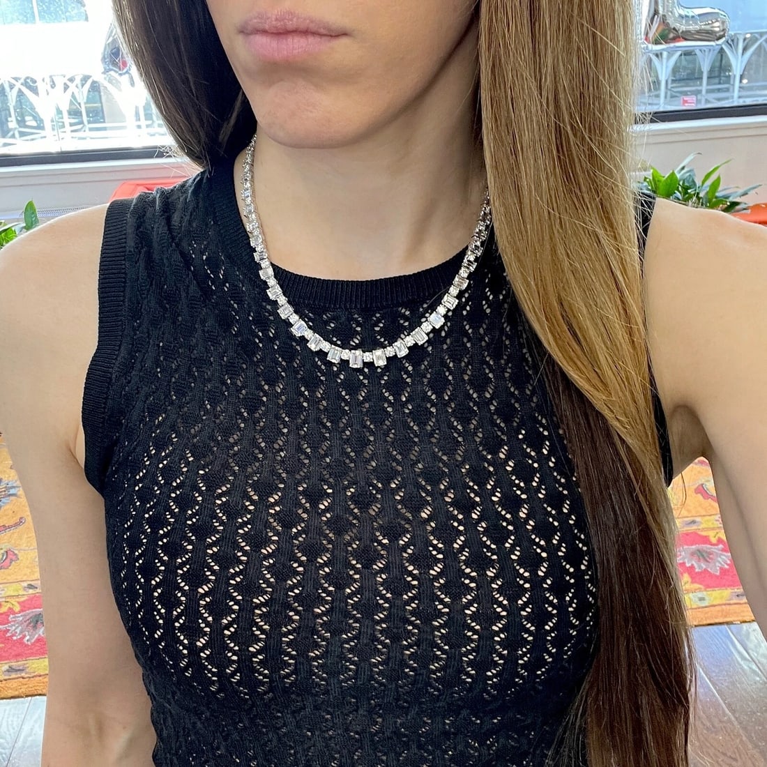 Emerald Cut Round Diamond Tennis Statement Necklace Platinum, 21.44 CTW - 3