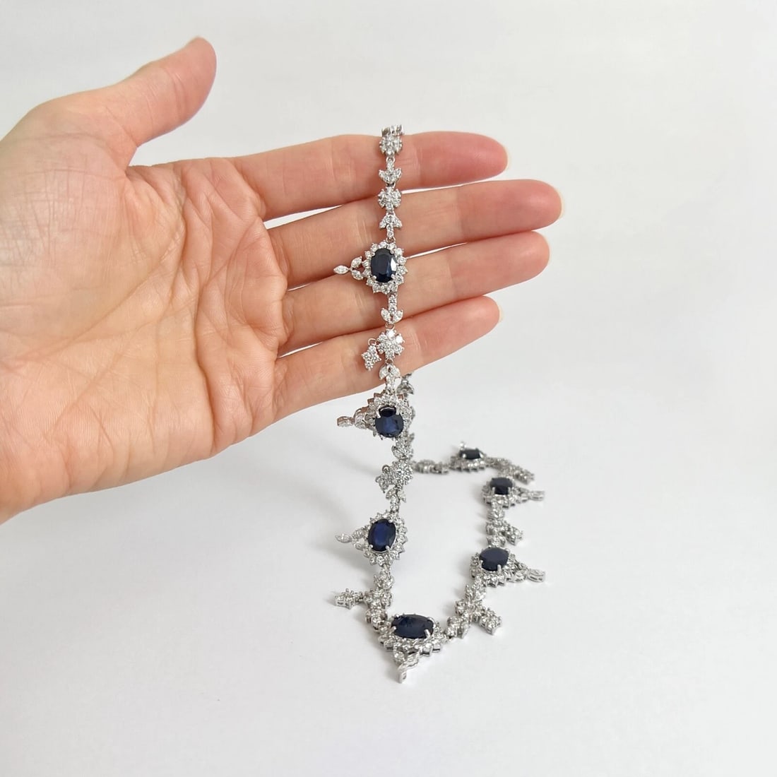 Oval Blue Sapphire Diamond Halo Festoon Fancy Necklace 18K White Gold, 26.52 CTW - 2
