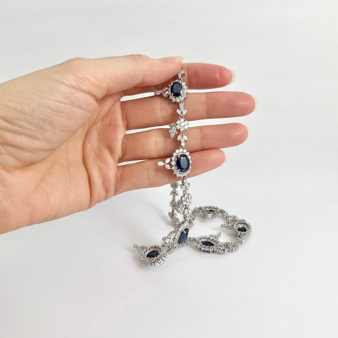 Oval Blue Sapphire Diamond Halo Festoon Fancy Necklace 18K White Gold, 26.52 CTW - 4