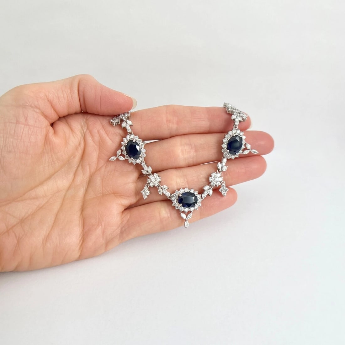 Oval Blue Sapphire Diamond Halo Festoon Fancy Necklace 18K White Gold, 26.52 CTW - 5