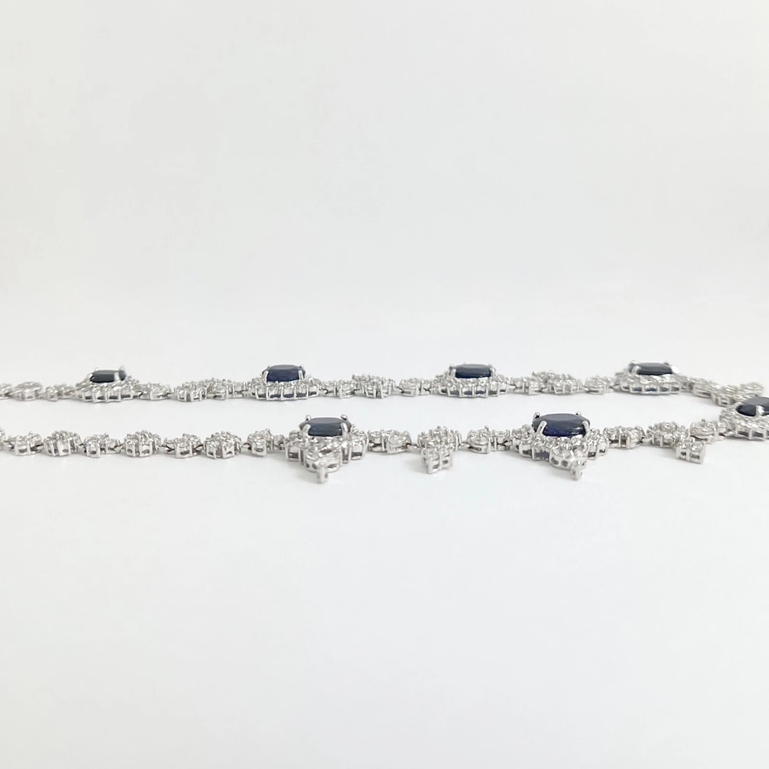 Oval Blue Sapphire Diamond Halo Festoon Fancy Necklace 18K White Gold, 26.52 CTW - 7