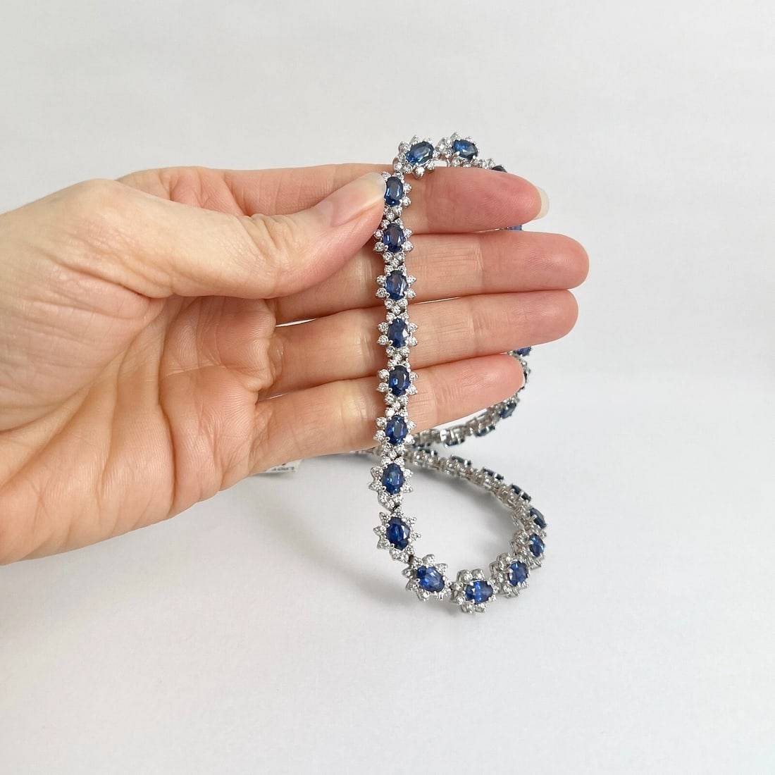 Sapphire Diamond Halo Gemstone Fancy Strand Necklace 18K White Gold 36.77 CTW - 2