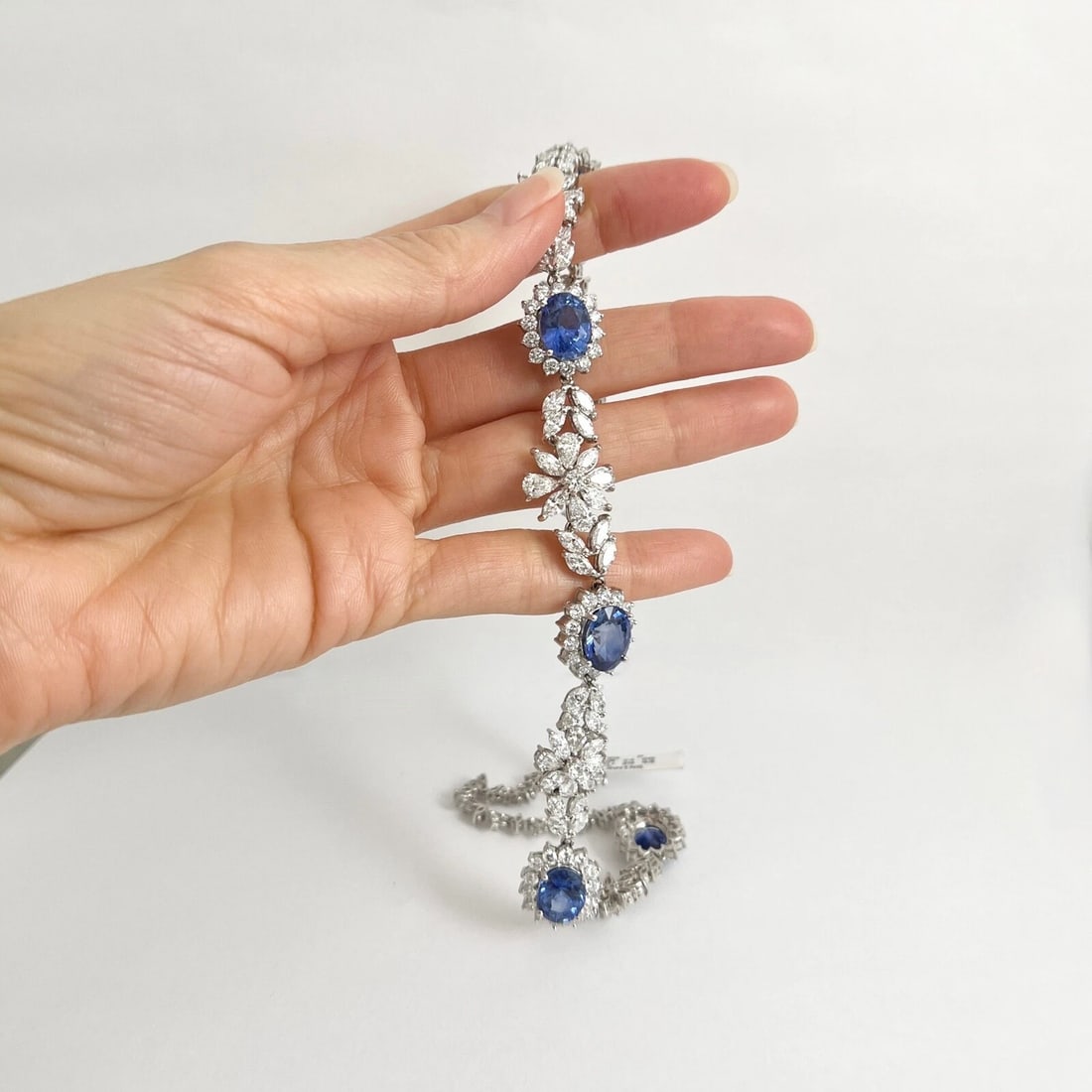 Sapphire Diamond Flower Halo Gemstone Fancy Necklace Platinum 49.71 CTW - 2