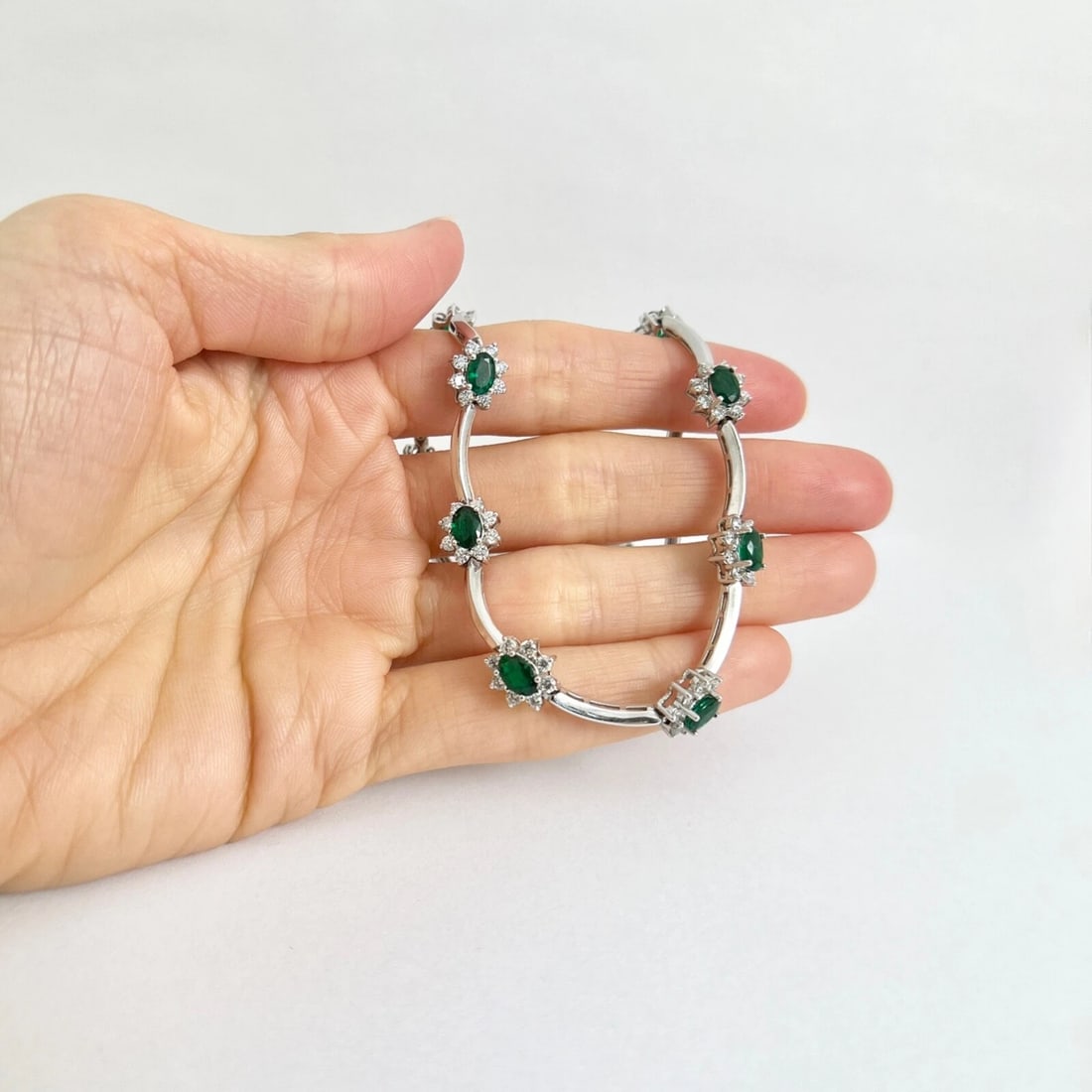 Green Emerald Diamond Halo Gemstone Bar Station Necklace 14K White Gold 12.43 TW - 2