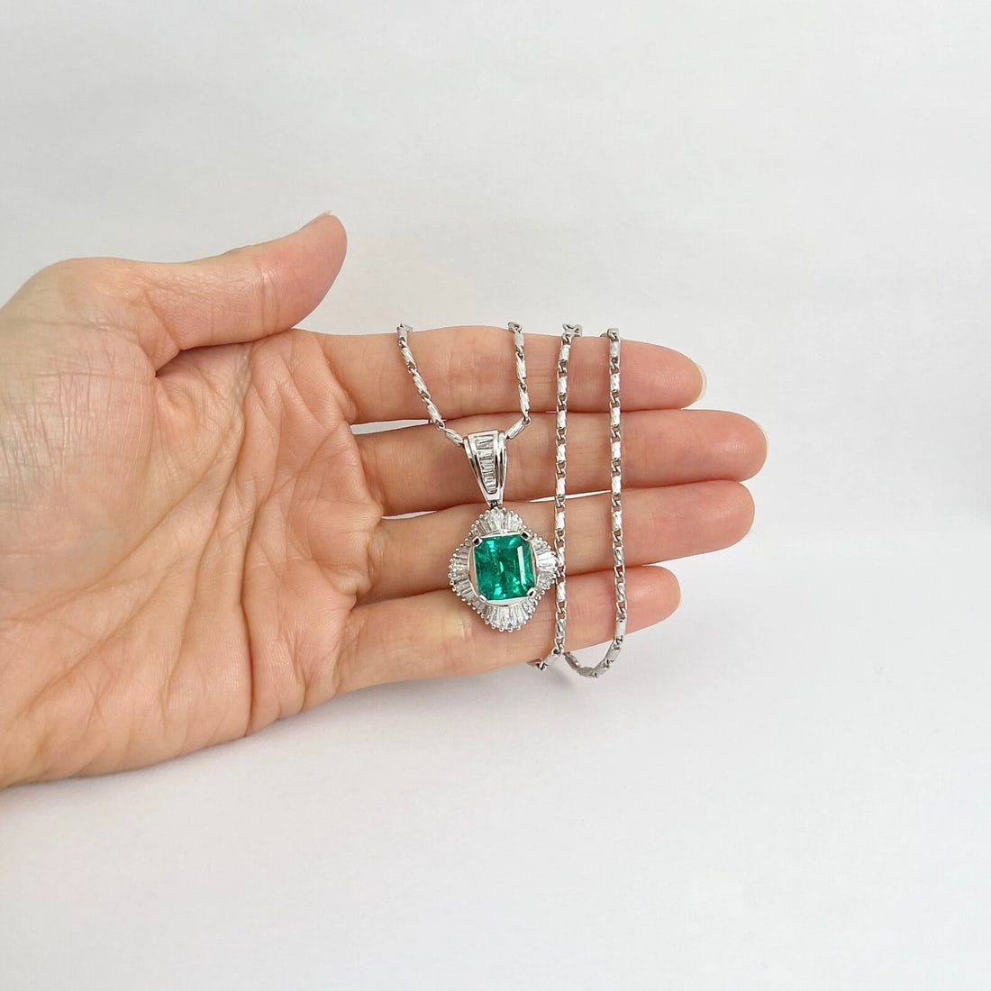 Green Emerald Baguette Diamond Halo Gemstone Pendant Necklace Platinum 7.80 CTW - 2