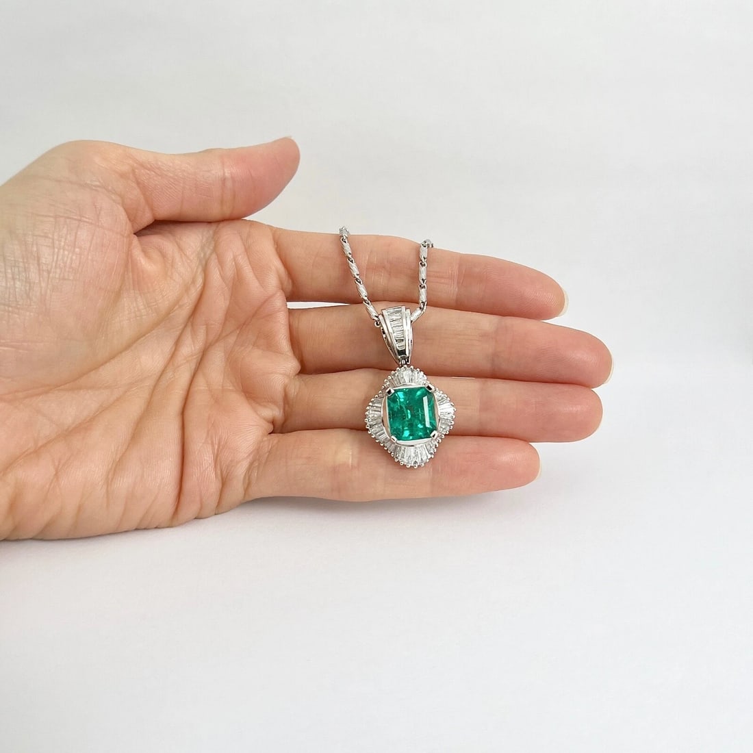 Green Emerald Baguette Diamond Halo Gemstone Pendant Necklace Platinum 7.80 CTW - 3