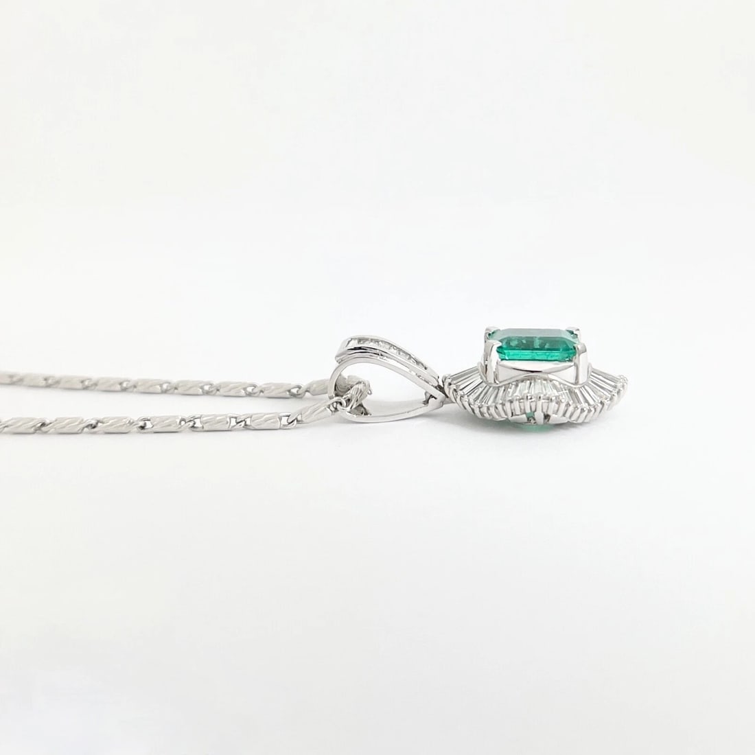 Green Emerald Baguette Diamond Halo Gemstone Pendant Necklace Platinum 7.80 CTW - 5