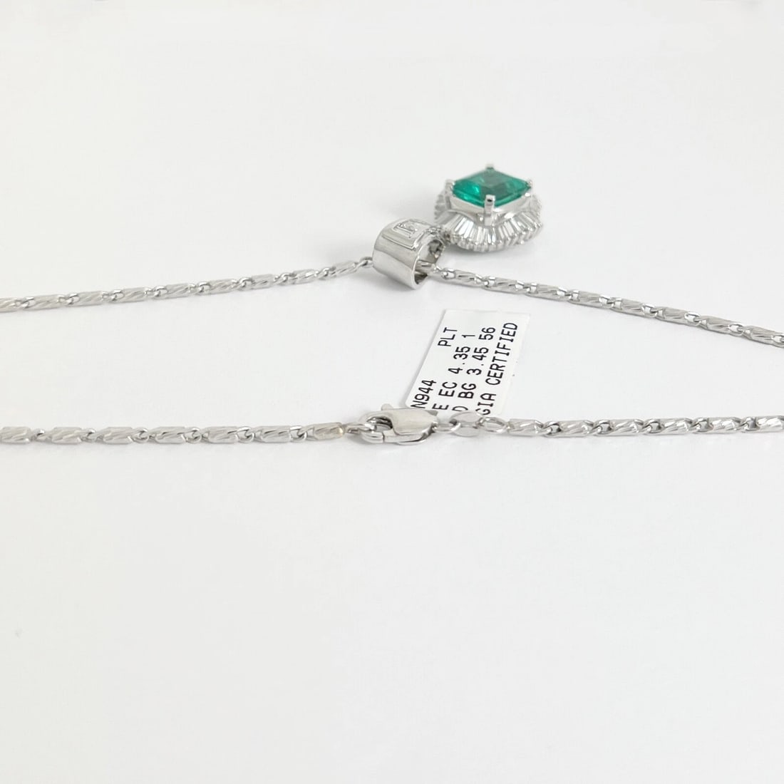 Green Emerald Baguette Diamond Halo Gemstone Pendant Necklace Platinum 7.80 CTW - 6