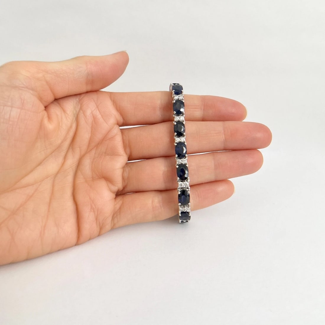 Oval Blue Sapphire Diamond Gemstone Tennis Bracelet 18K White Gold, 22.69 CTW - 2