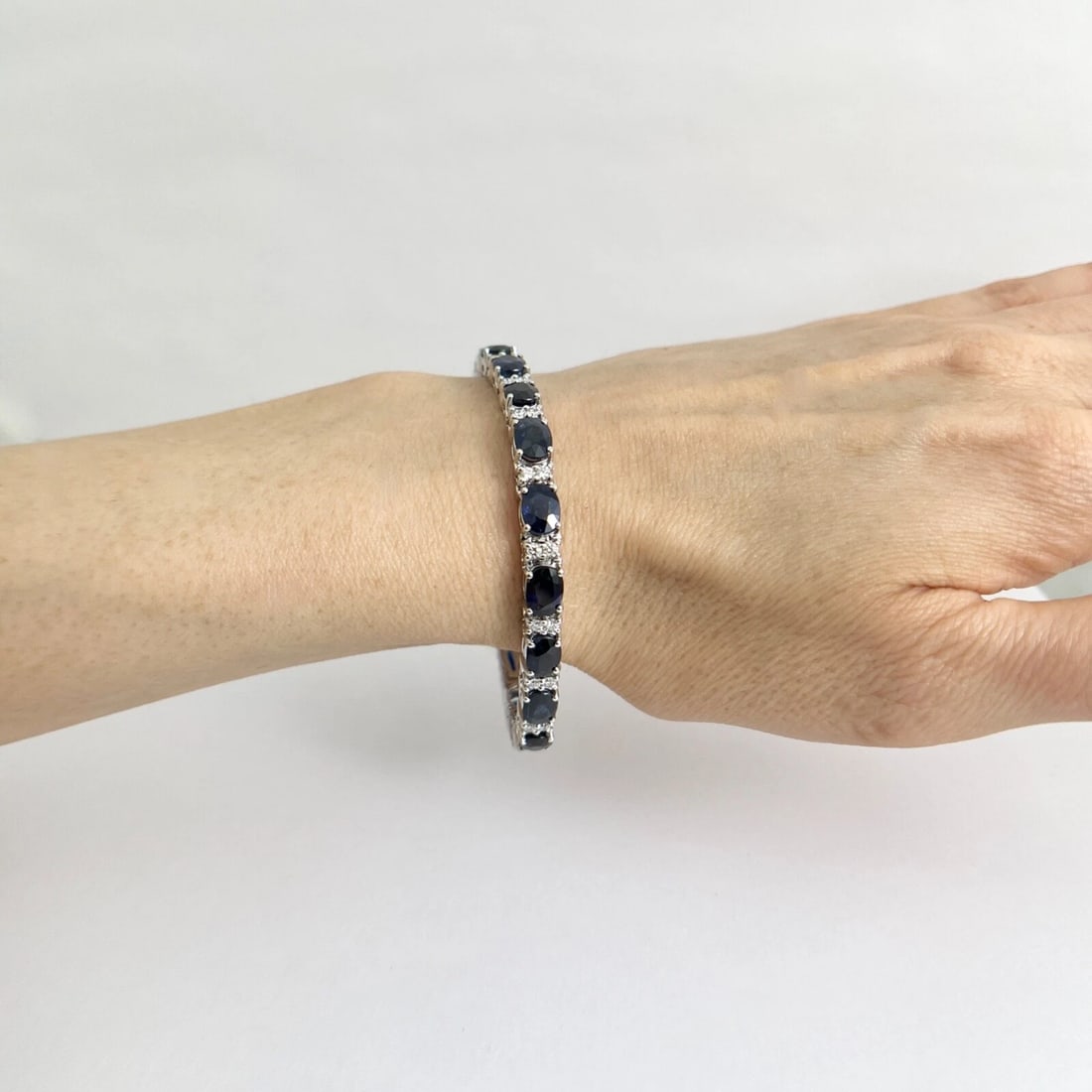 Oval Blue Sapphire Diamond Gemstone Tennis Bracelet 18K White Gold, 22.69 CTW - 4