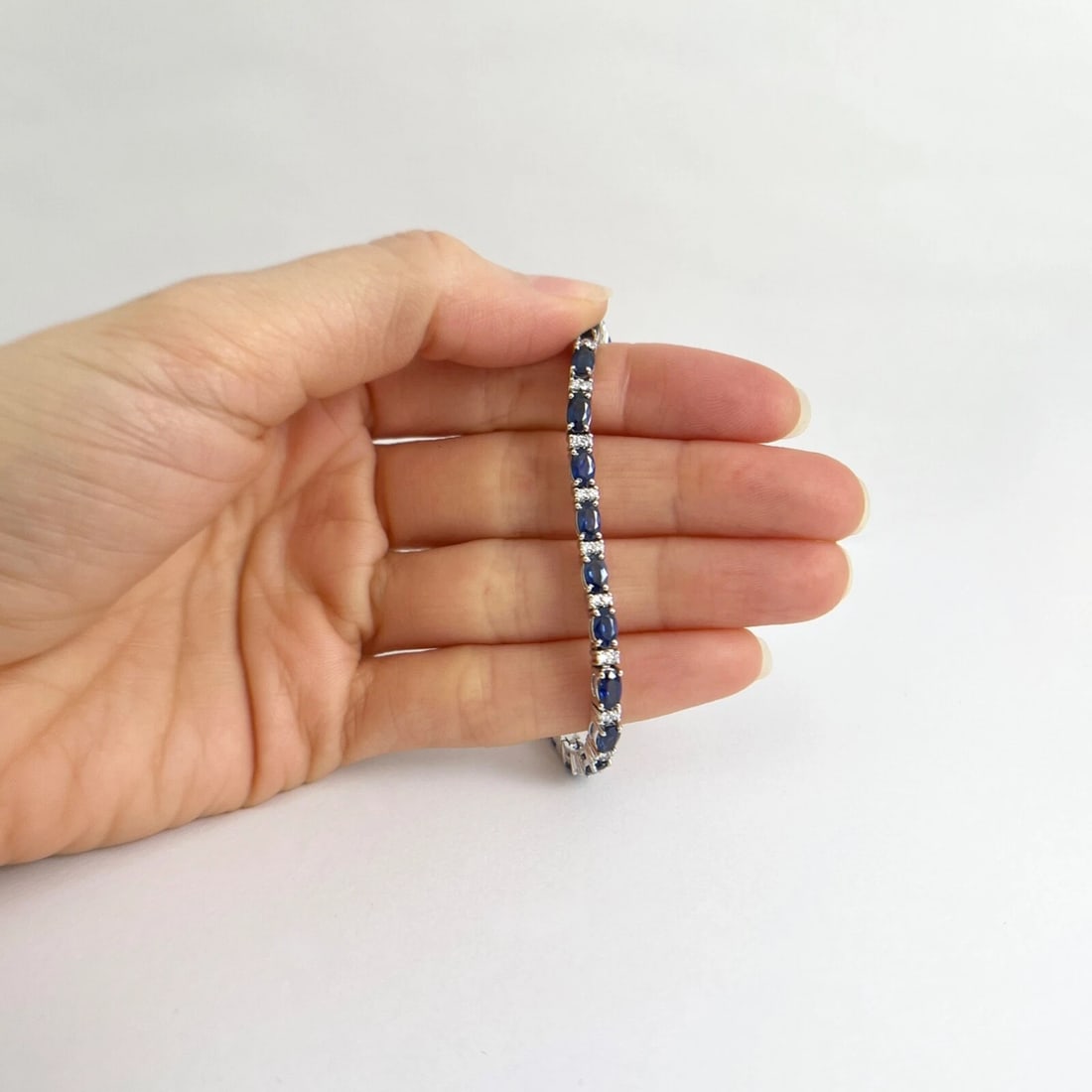 Oval Blue Sapphire Diamond Gemstone Tennis Bracelet 14K White Gold, 8.81 CTW - 2