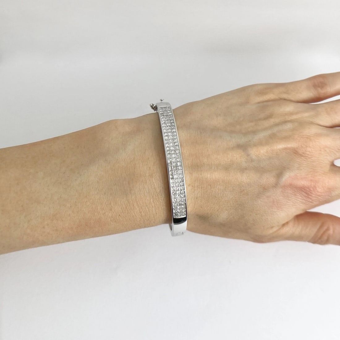Princess Diamond Invisible Set Bangle Bracelet 14K White Gold, 2.55 CTW - 2