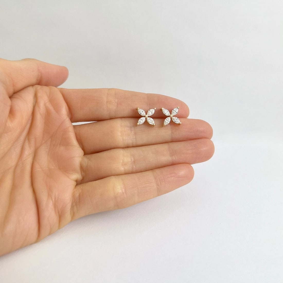 Marquise Diamond Flower Cluster Stud Earrings 14K Yellow Gold 1.15 CTW - 2