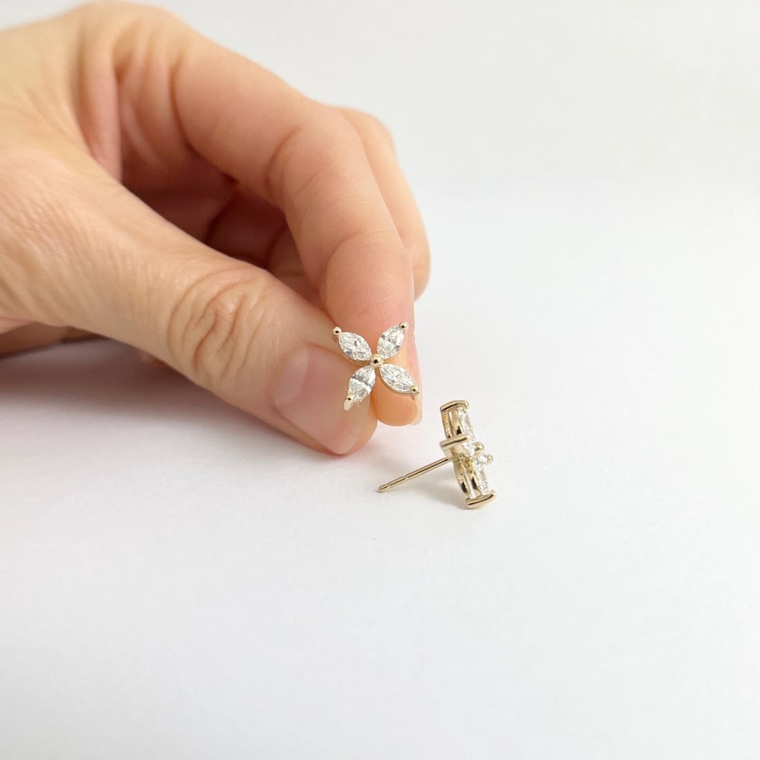 Marquise Diamond Flower Cluster Stud Earrings 14K Yellow Gold 1.15 CTW - 4