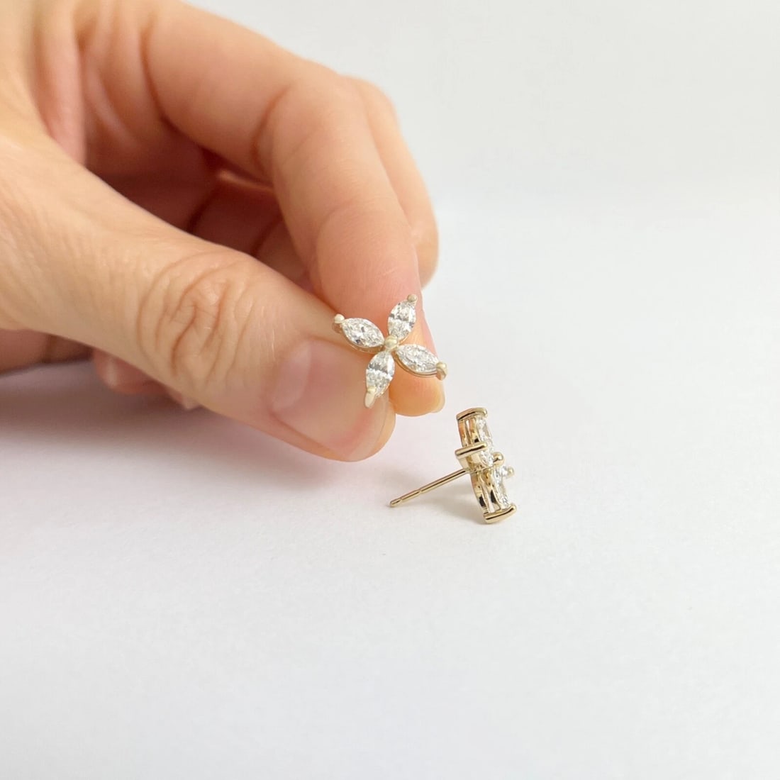 Marquise Diamond Flower Cluster Stud Earrings 14K Yellow Gold 1.15 CTW - 5