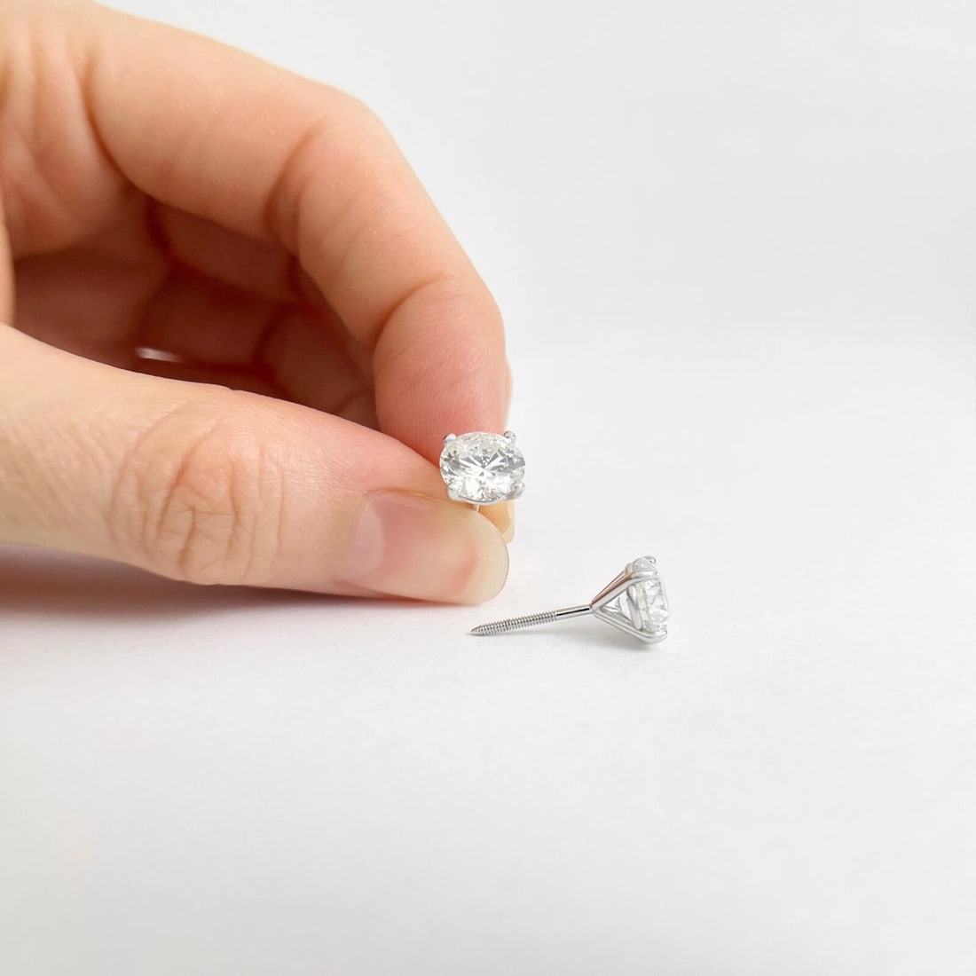 Round Diamond Stud Earrings 14K White Gold 4-Prong Martini Screw Backs, 3.01 CTW - 3