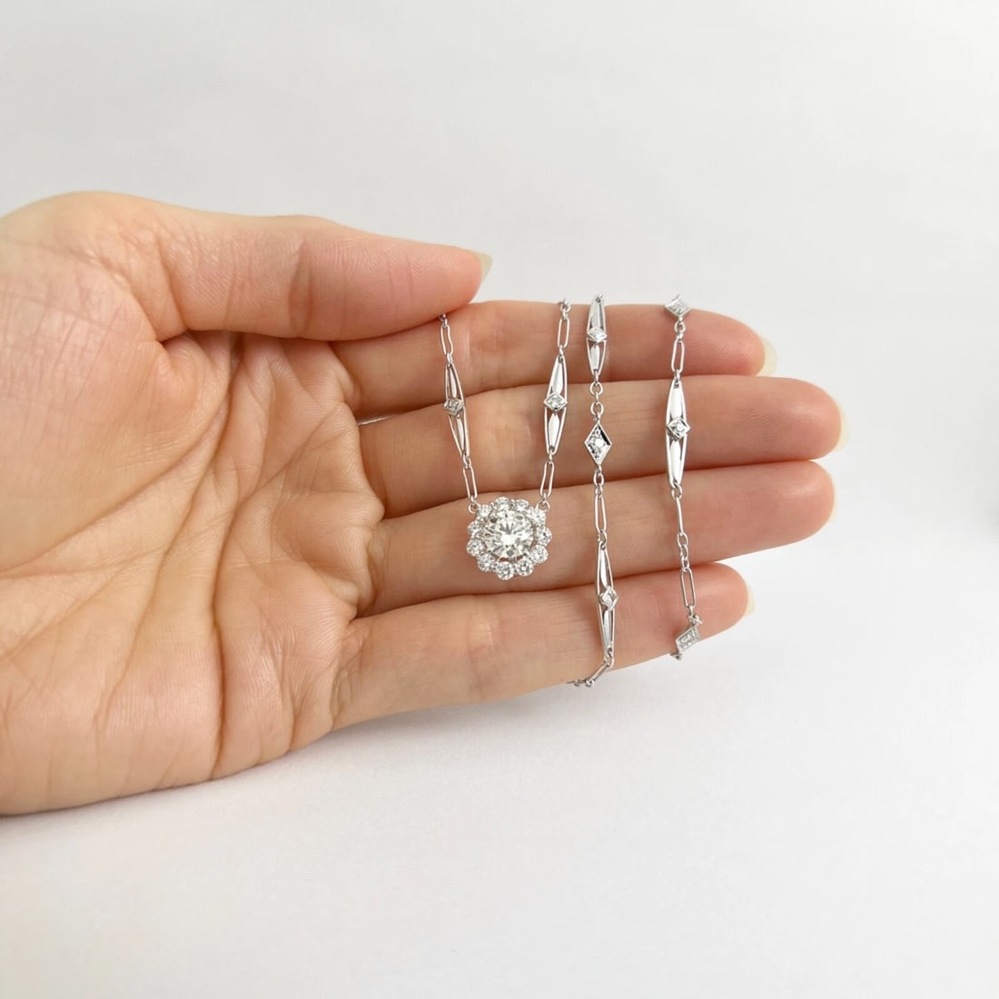 Round Diamond Halo Marquise Chain Pendant Necklace 14K White Gold, 1.82 CTW - 2