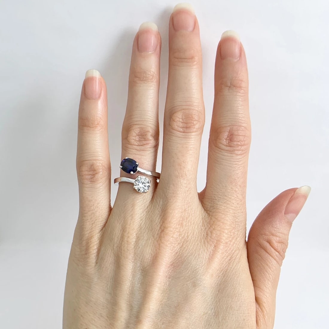 GIA Sapphire Diamond 2-Stone Wrap Bypass Statement Ring 14K White Gold 2.28 CTW - 2