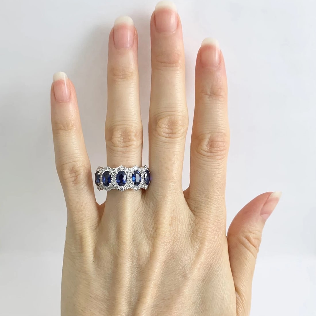 Oval Blue Sapphire Diamond Halo Gemstone Band Ring 14K White Gold, 4.36 CTW - 2