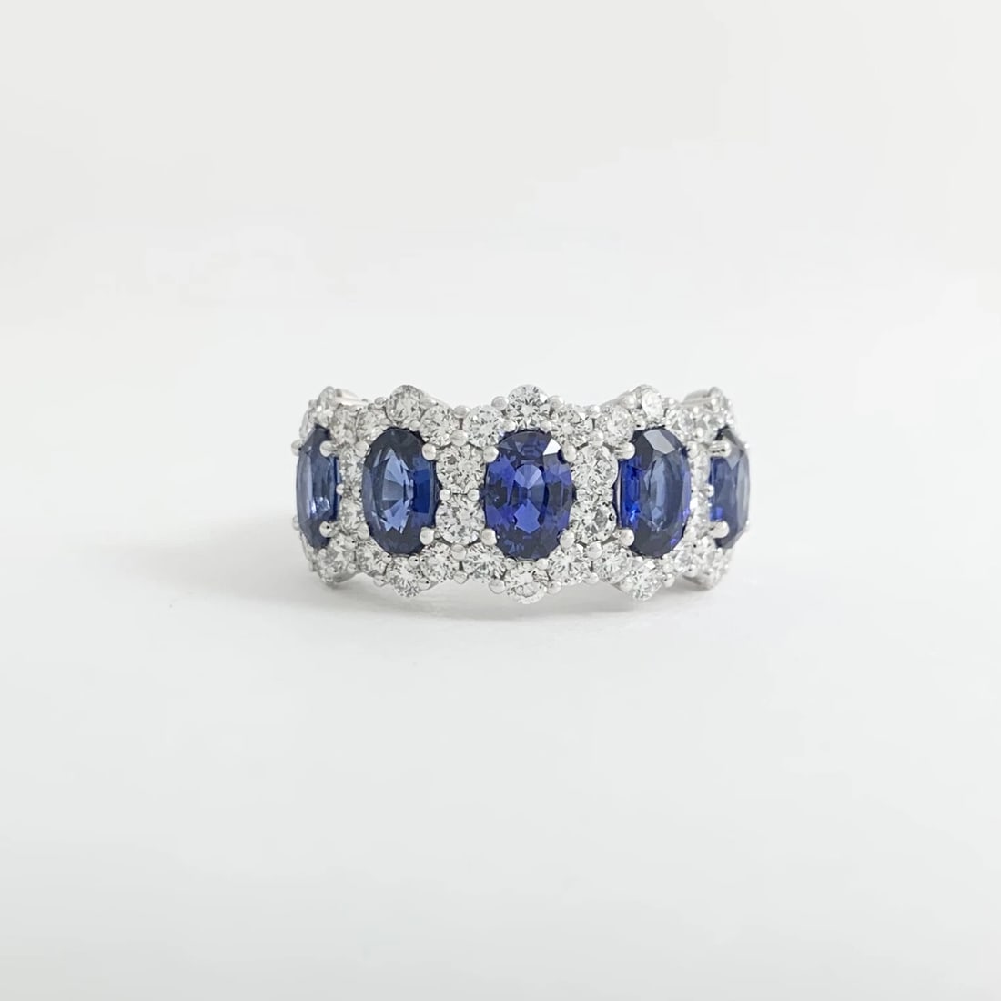 Oval Blue Sapphire Diamond Halo Gemstone Band Ring 14K White Gold, 4.36 CTW - 7