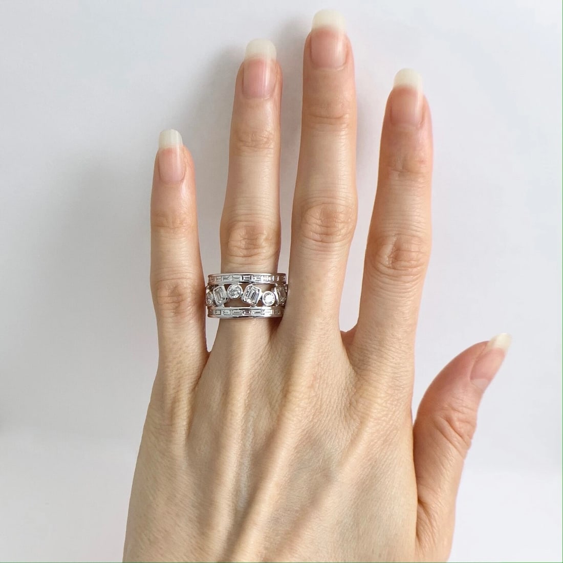 Wide Multishape Diamond Eternity Ring Statement Band 18K White Gold, 4.15 CTW - 2
