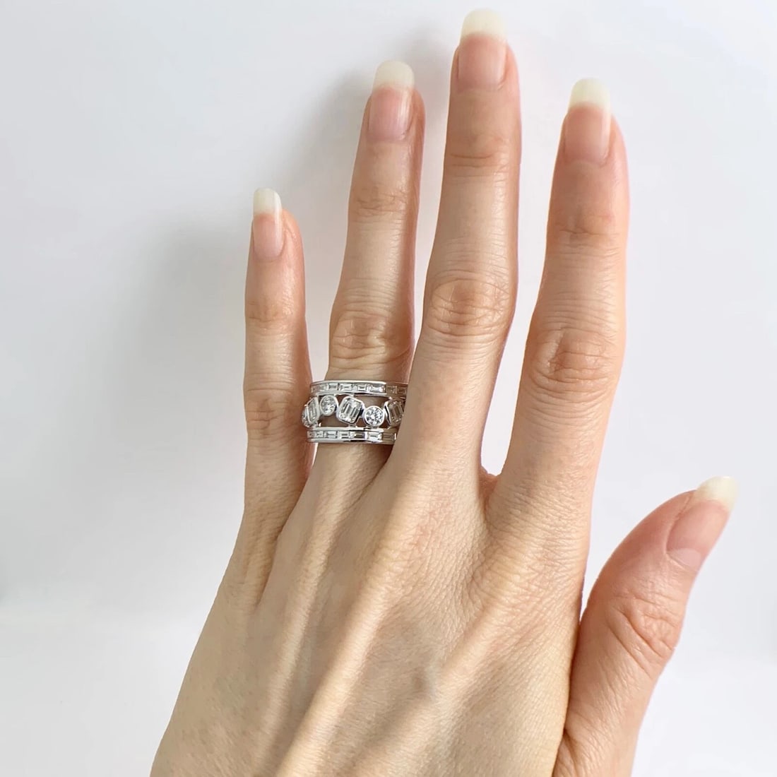Wide Multishape Diamond Eternity Ring Statement Band 18K White Gold, 4.15 CTW - 3