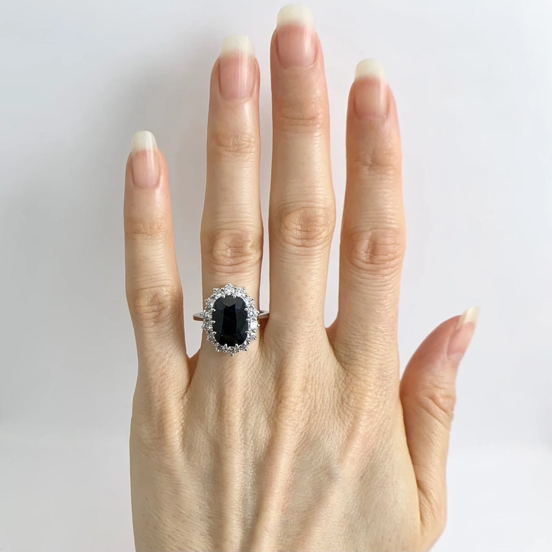 Oval Black Sapphire Diamond Halo Gemstone Ring 14K White Gold, 6.47 CTW - 2