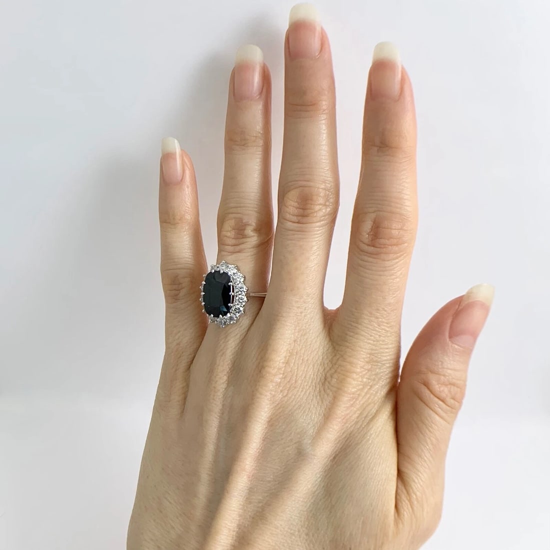 Oval Black Sapphire Diamond Halo Gemstone Ring 14K White Gold, 6.47 CTW - 3