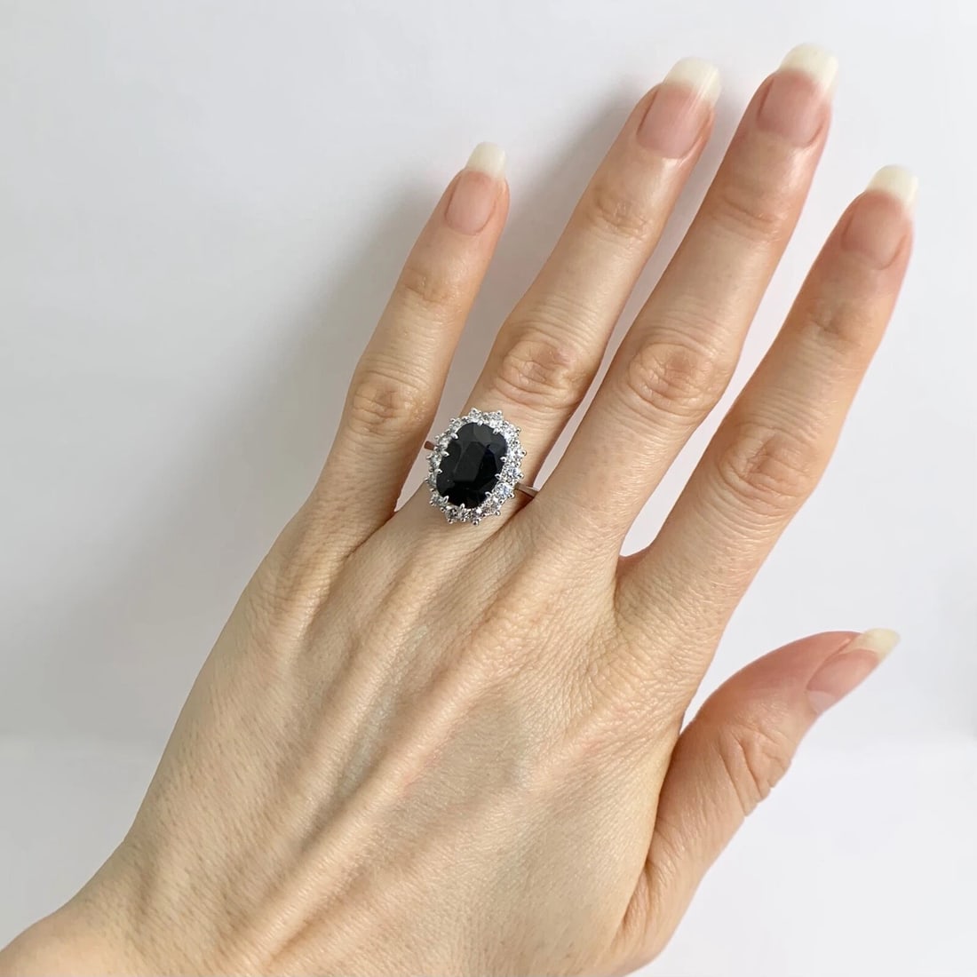 Oval Black Sapphire Diamond Halo Gemstone Ring 14K White Gold, 6.47 CTW - 4