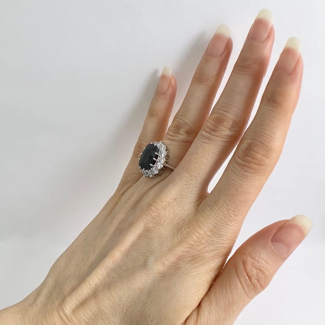 Oval Black Sapphire Diamond Halo Gemstone Ring 14K White Gold, 6.47 CTW - 5