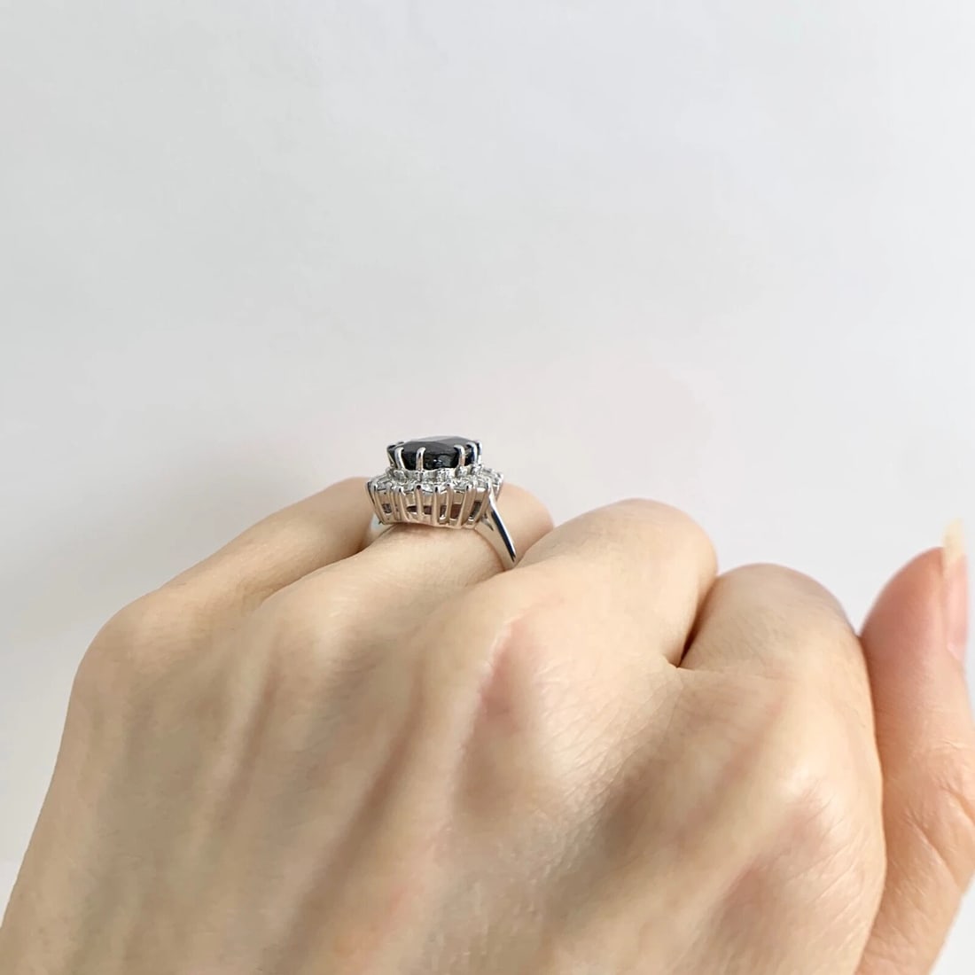 Oval Black Sapphire Diamond Halo Gemstone Ring 14K White Gold, 6.47 CTW - 6