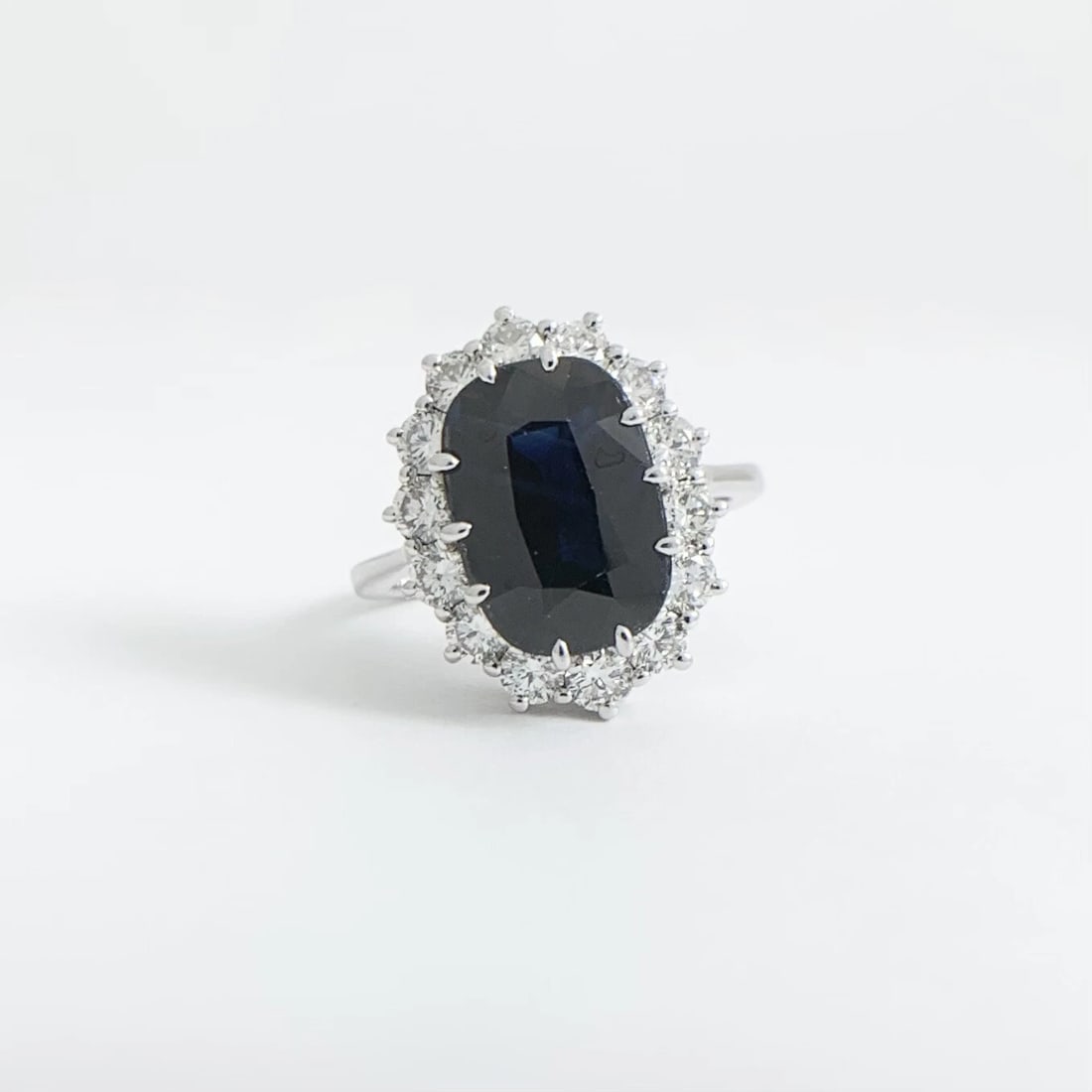 Oval Black Sapphire Diamond Halo Gemstone Ring 14K White Gold, 6.47 CTW - 7