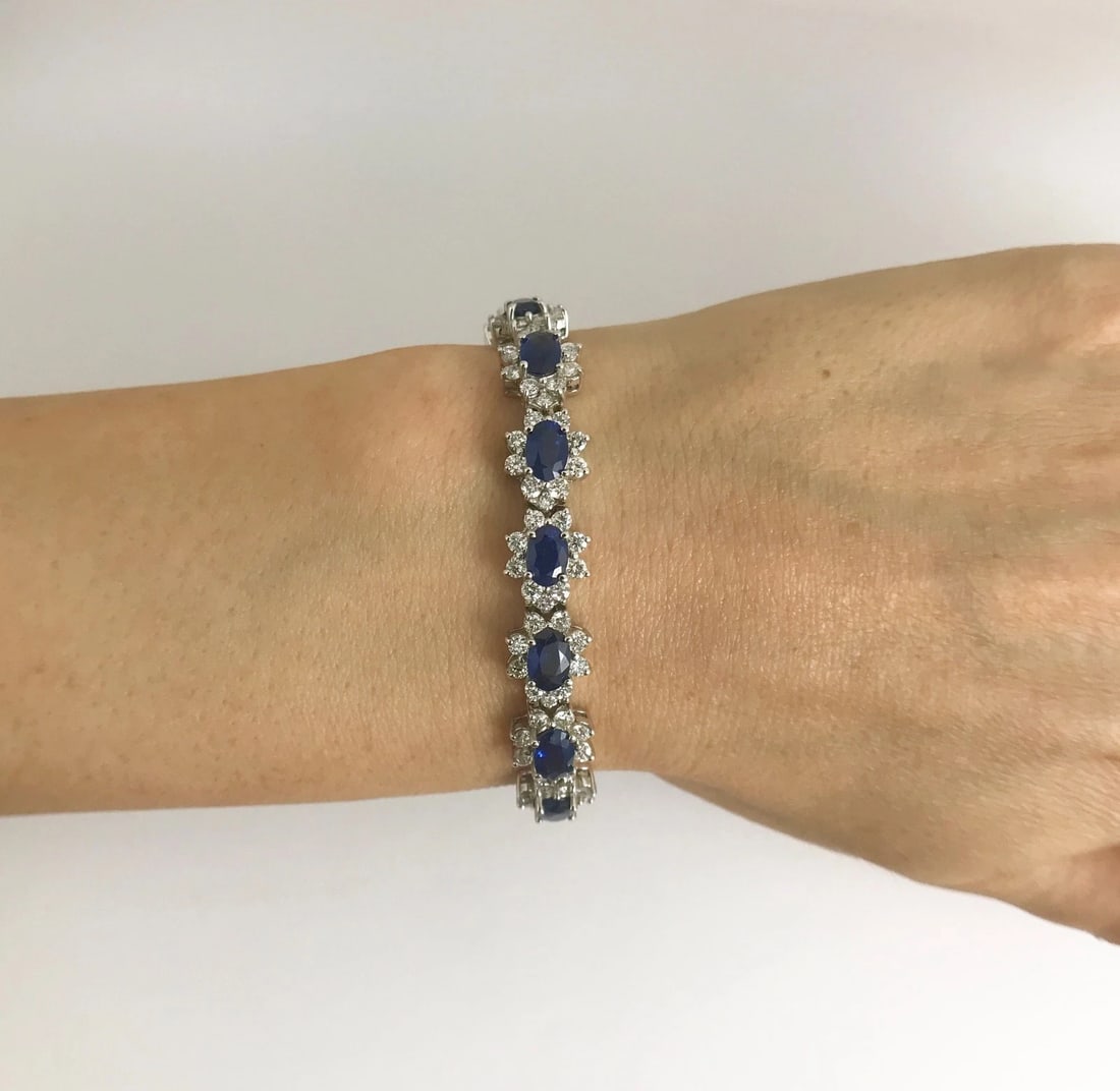 Blue Sapphire Diamond Halo Gemstone Bracelet 18K White Gold, 15.79 CTW, 7 Inches - 2
