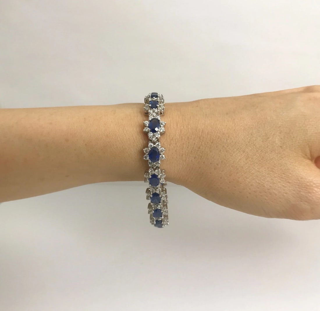Blue Sapphire Diamond Halo Gemstone Bracelet 18K White Gold, 15.79 CTW, 7 Inches - 3