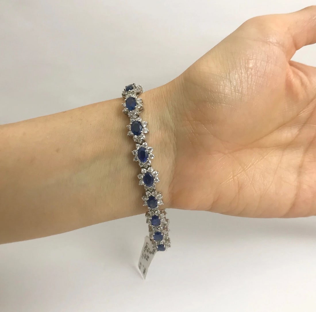 Blue Sapphire Diamond Halo Gemstone Bracelet 18K White Gold, 15.79 CTW, 7 Inches - 4