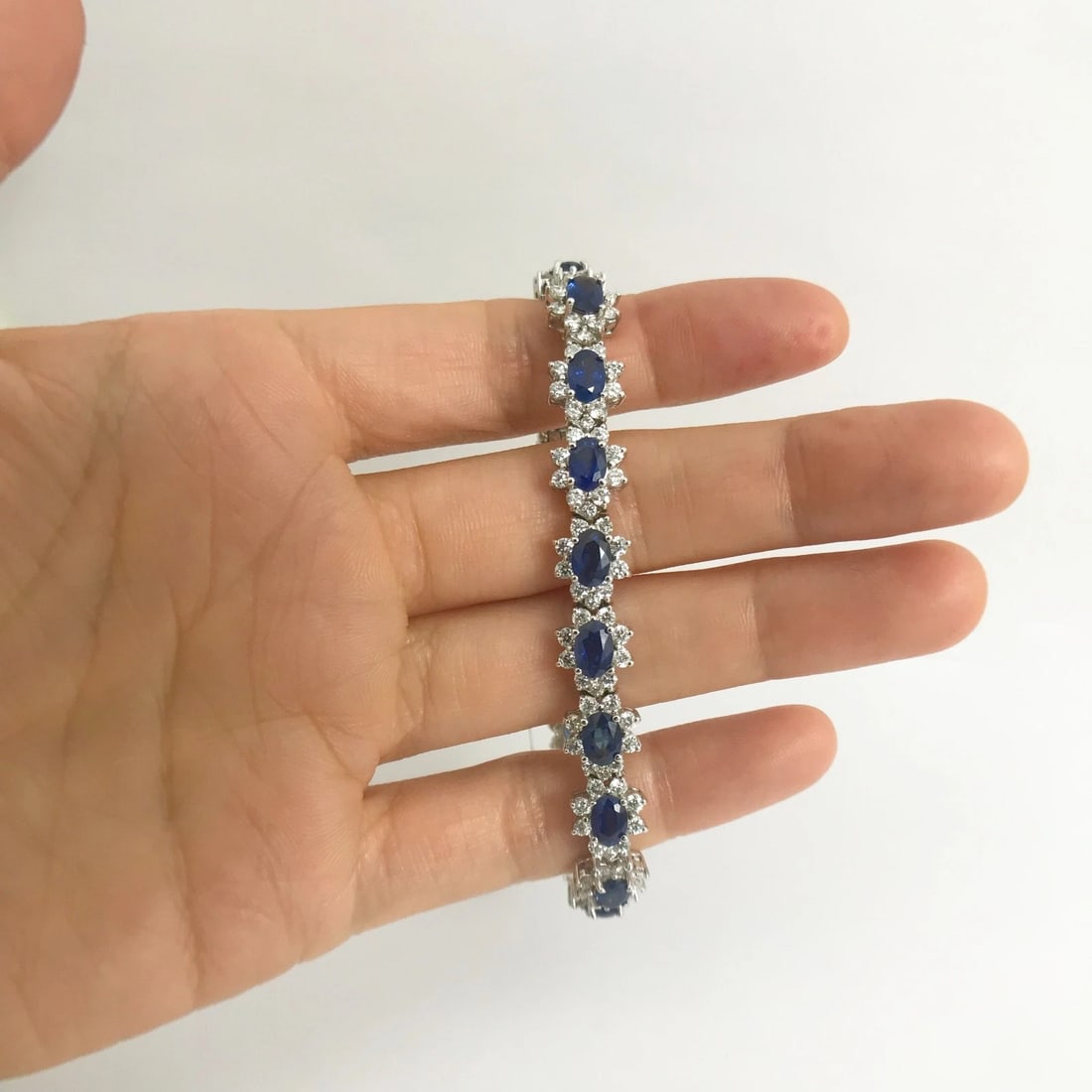 Blue Sapphire Diamond Halo Gemstone Bracelet 18K White Gold, 15.79 CTW, 7 Inches - 5
