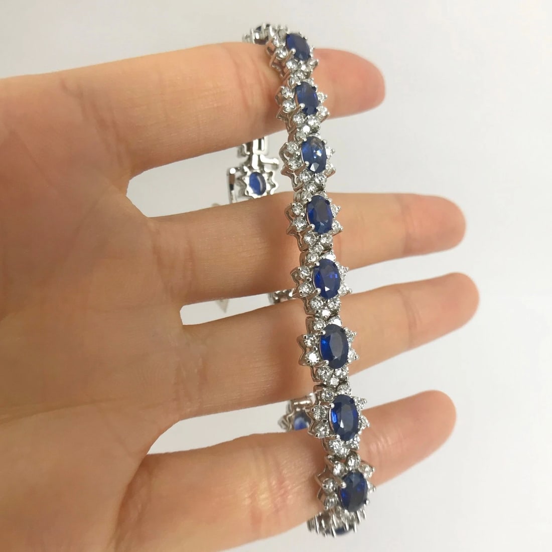 Blue Sapphire Diamond Halo Gemstone Bracelet 18K White Gold, 15.79 CTW, 7 Inches - 6