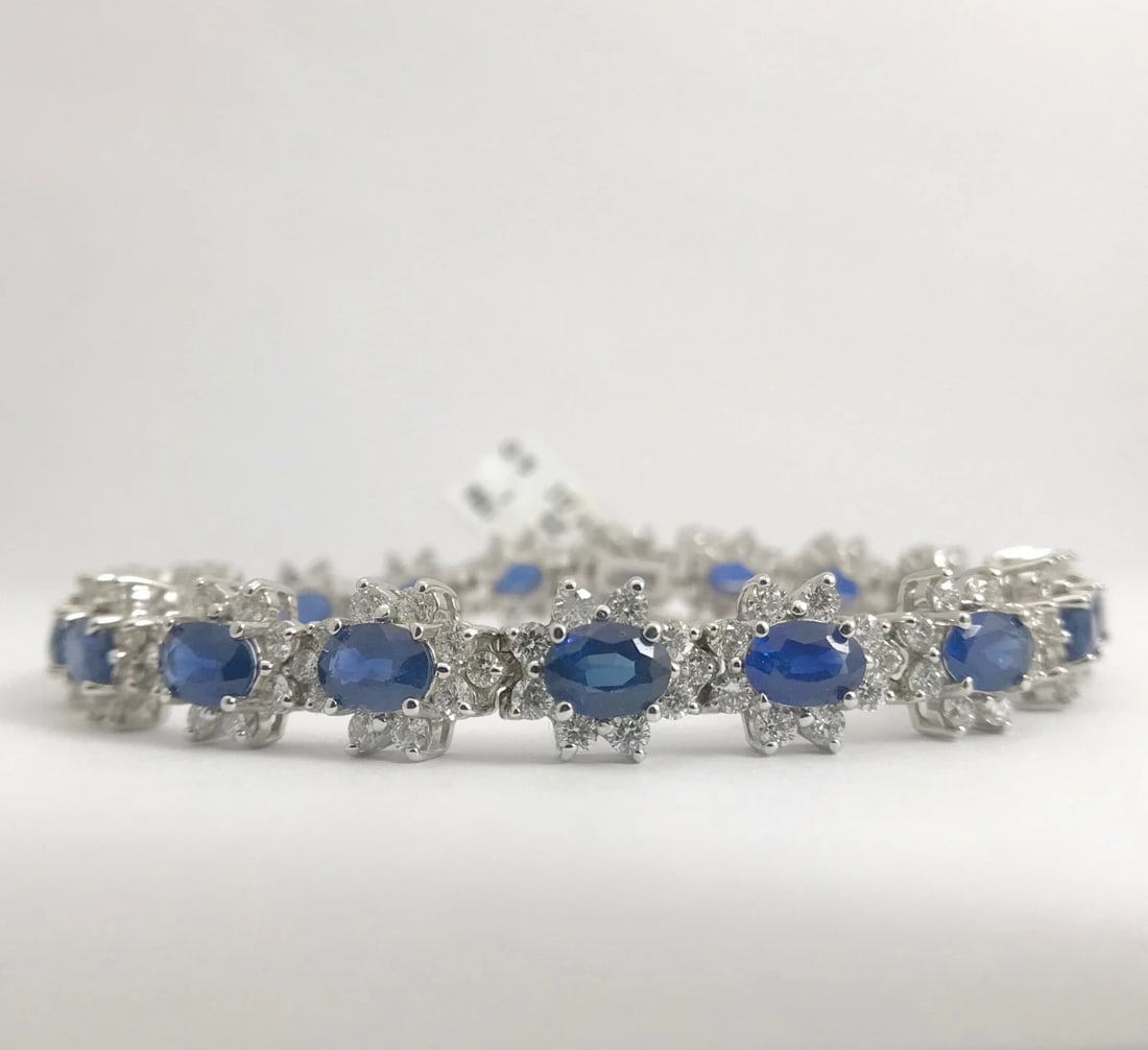 Blue Sapphire Diamond Halo Gemstone Bracelet 18K White Gold, 15.79 CTW, 7 Inches - 7