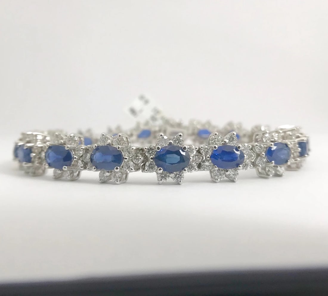 Blue Sapphire Diamond Halo Gemstone Bracelet 18K White Gold, 15.79 CTW, 7 Inches - 8