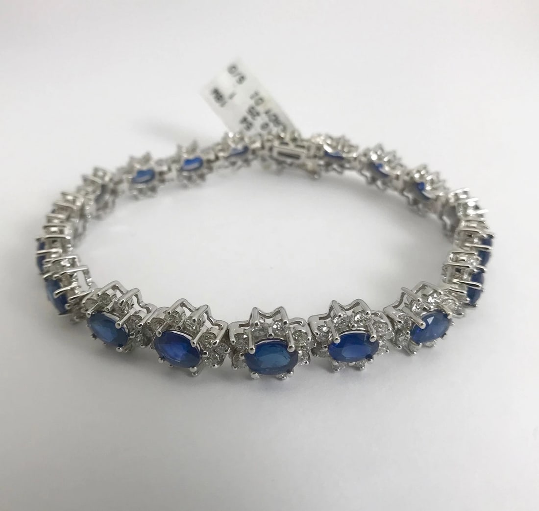 Blue Sapphire Diamond Halo Gemstone Bracelet 18K White Gold, 15.79 CTW, 7 Inches - 9