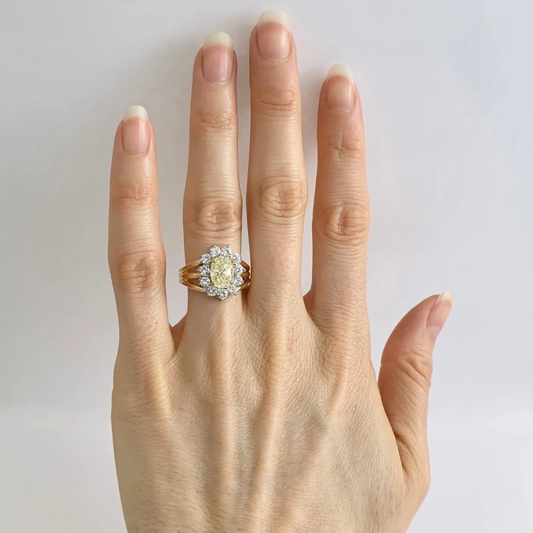 Fancy Light Yellow Oval Diamond Halo Statement Ring 14K Yellow Gold, 5.70 CTW - 2