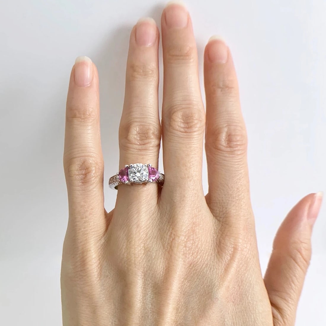 3-Stone Half Moon Pink Sapphire Diamond Engagement Ring 18K White Gold 2.18 CTW - 2