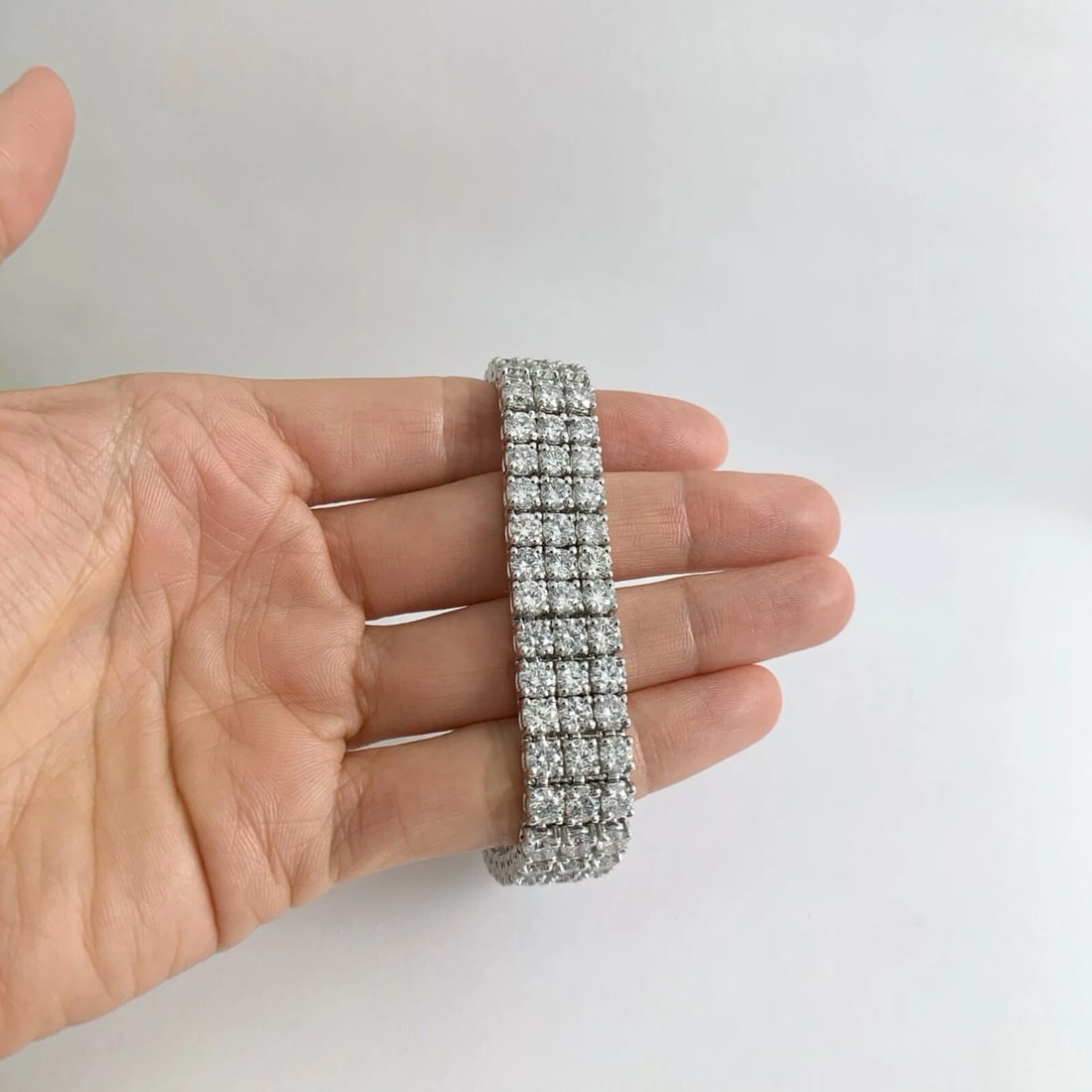 Wide 3-Row Diamond Bracelet 18K White Gold 30.95 CTW, 7 Inches, 63.35 Grams - 2